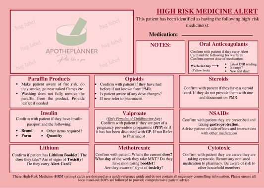 High Risk Medicine Alert Card x 250